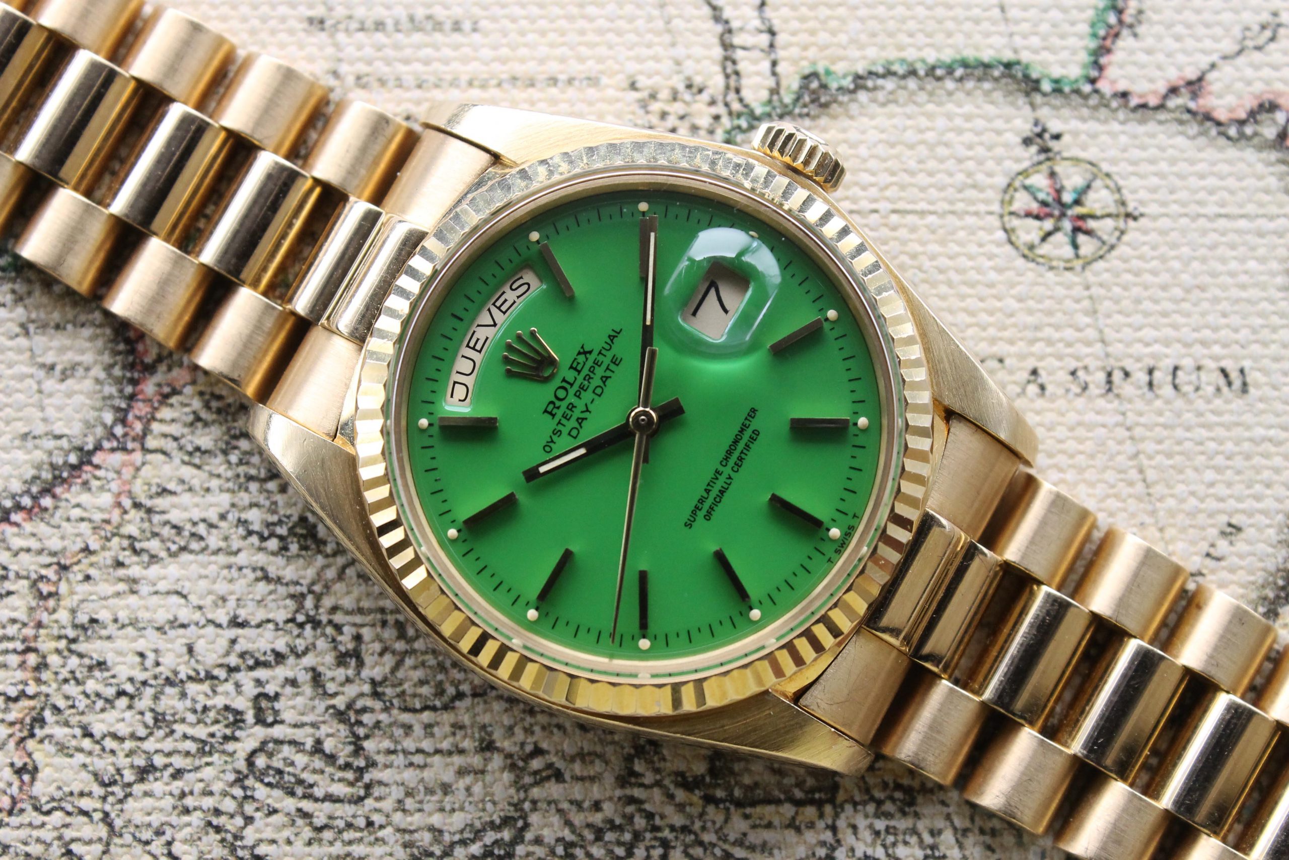 Serena Tredive Verdensrekord Guinness Book 1978 Rolex Day Date Green Stella Dial Ref. 1803 - Rolex Passion Market